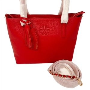 NEW Tory Burch Red Thea Small Convertible Red Pebbled Leather Tote